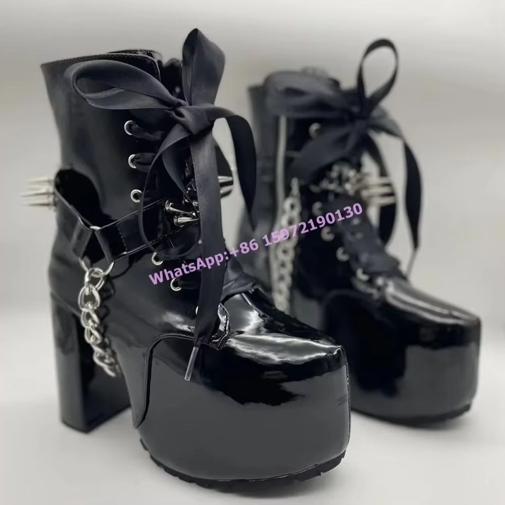 Ribbon Tie Heel - Botki z nitami, czarne, w stylu