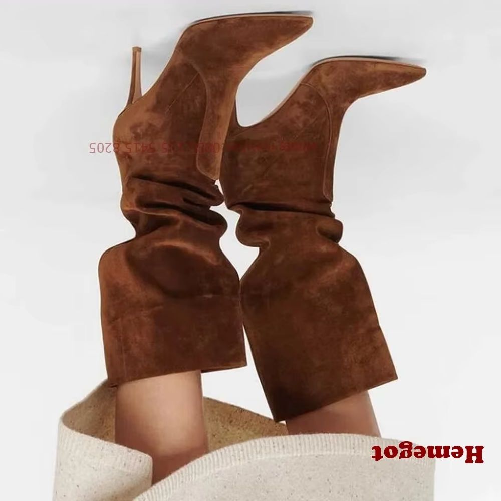 Women'S Shoes Vegan - Brązowe szpiczaste wsuwane botki damskie, wegańskie