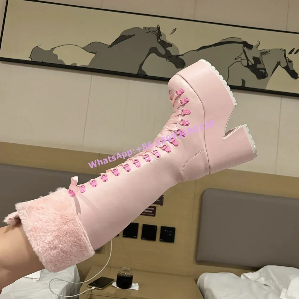 Ribbon Tie Heel - Różowe futrzane kozaki na grubej podeszwie,