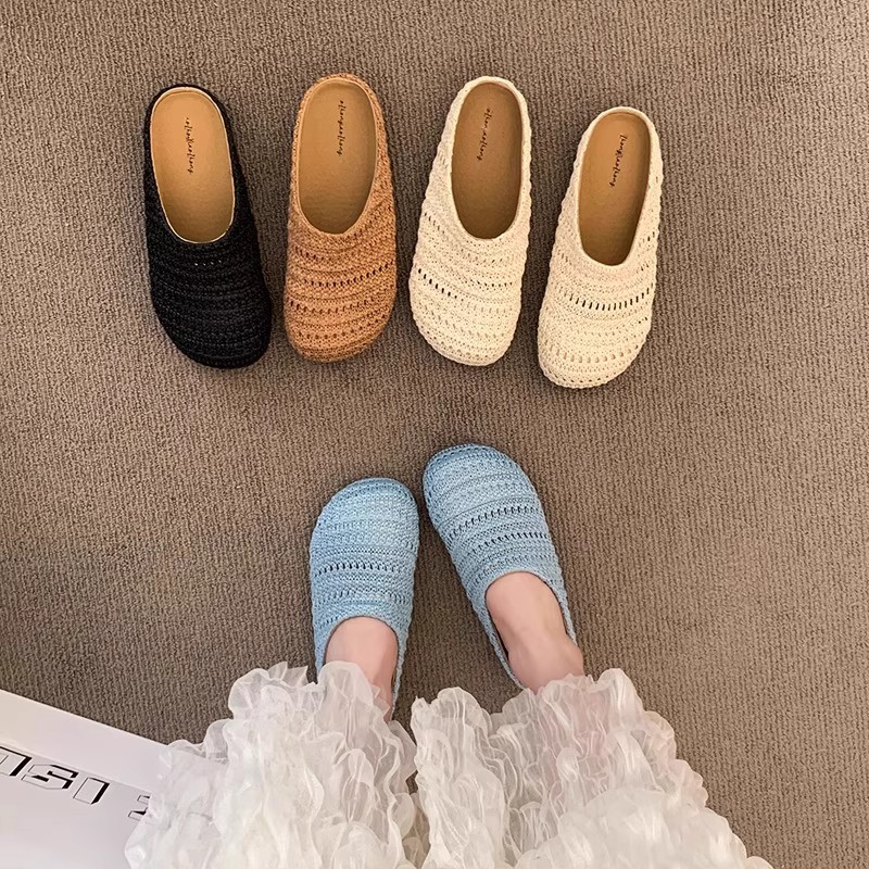Slip On Mule Flat - Damskie klapki z rafii, tkane, letnie,